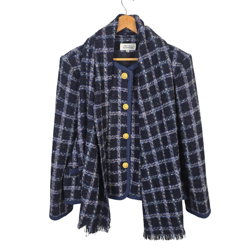 Nicole Summers Vintage Navy Blue Plaid Blazer Jacket & Scarf Set Womens Size 16